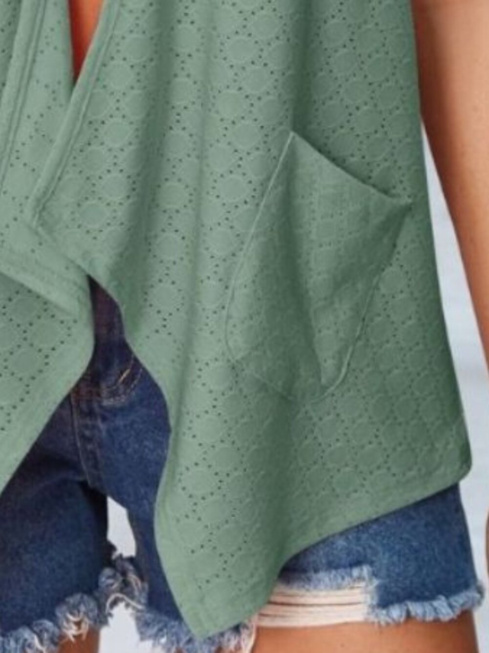 Sage Green Eyelet Open Front Sleeveless Cardigan - Picture 5 of 6